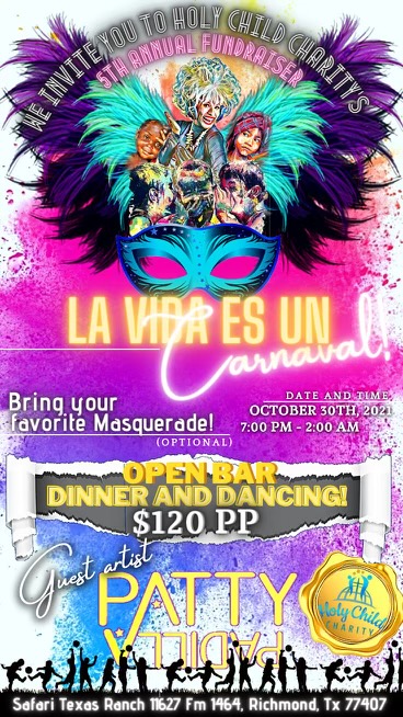 Flyer for the 2021 fundraising gala, La Vida es un Carnival